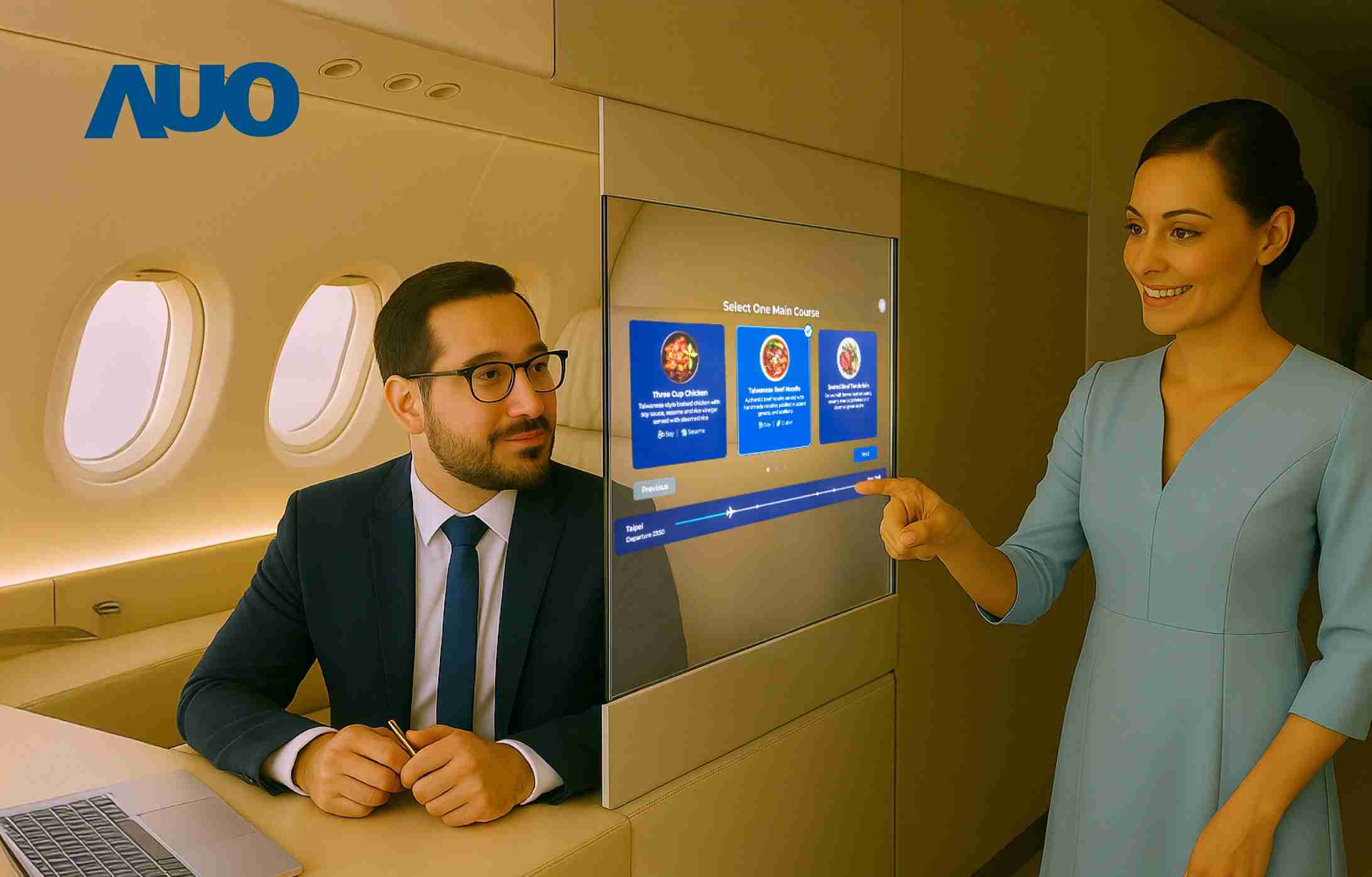 william威廉中文官网研发全球最薄17.3 吋双面透明 Micro LED 显示器，，可在同一屏幕之双边投射不同信息，，，创造独特的”透明化”互动；图为实时翻译交流应用情境